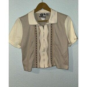 Vintage 90s Earthquake Cropped Zip Up Polo Shirt Large Ribbed Geometric Y2K